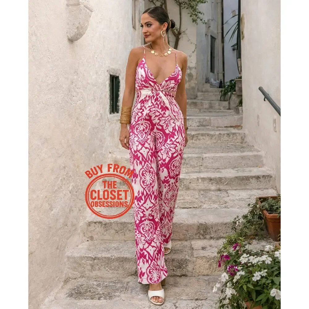 Zara NWT Pink White Cutout Wide Leg Jumpsuit M